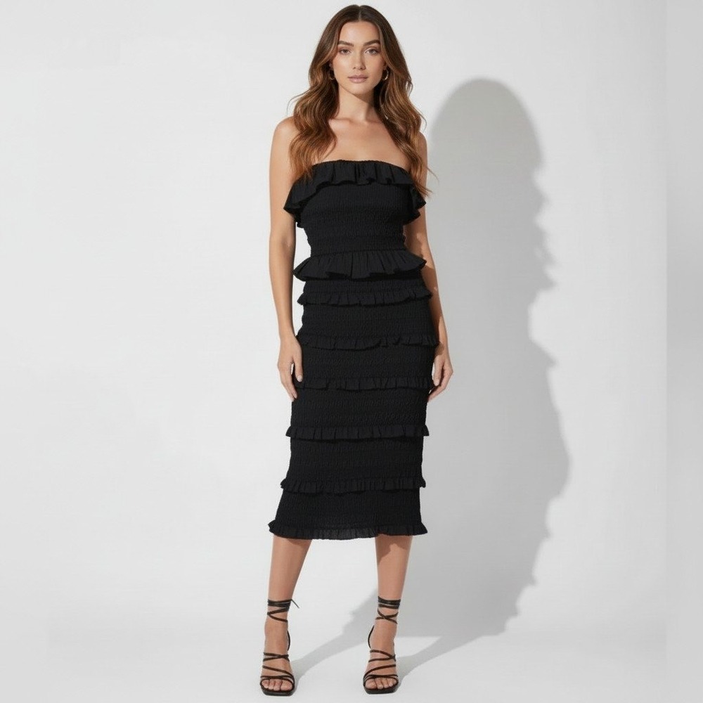 Cleobella Black Organic Cotton Smocked Strapless Ruffle Midi Dress Womens Size S
